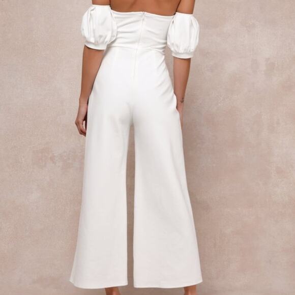 Lulus NWOT Impress Release White Off-The-Shoulder Puff Sleeve Ponte Jumpsuit XS - Picture 6 of 10